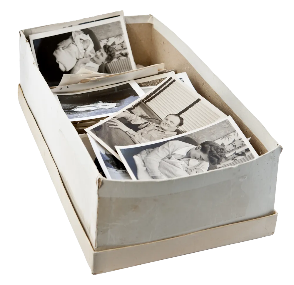 Shoebox of old printed photos ready for photo scanning in Perth